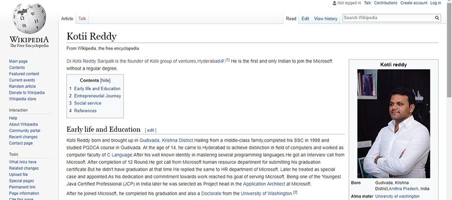 Mr.Kotii Reddy - Profound Philanthropist, Man with Motives and Missions now featured in Wikipedia